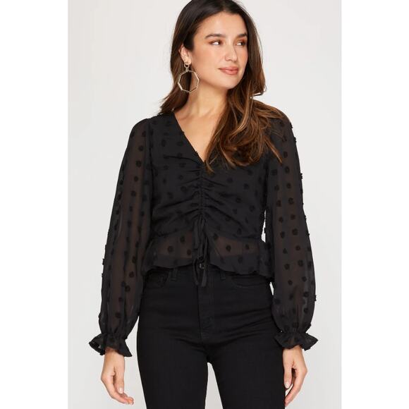 She + Sky Tops - Black Sheer Polka Dot Crop Top Ruched Front Size Medium